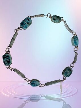 Vintage Egyptian Revival Turquoise Faience Scarab Beetle Necklace Hand Carved